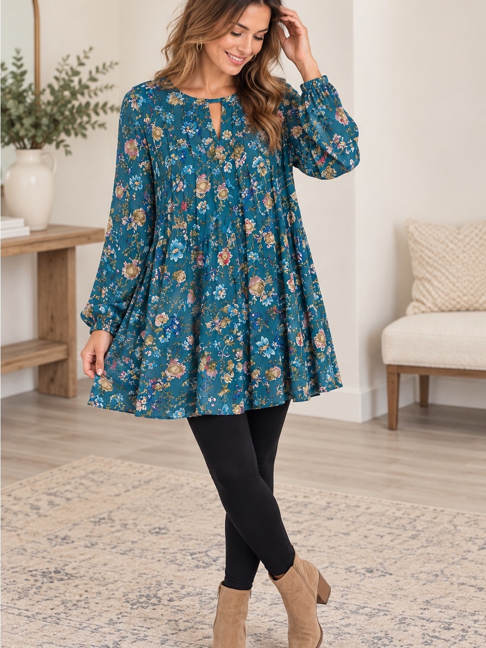 Umgee Teal Floral Boho Babydoll Tunic Top Long Sleeve Size Medium